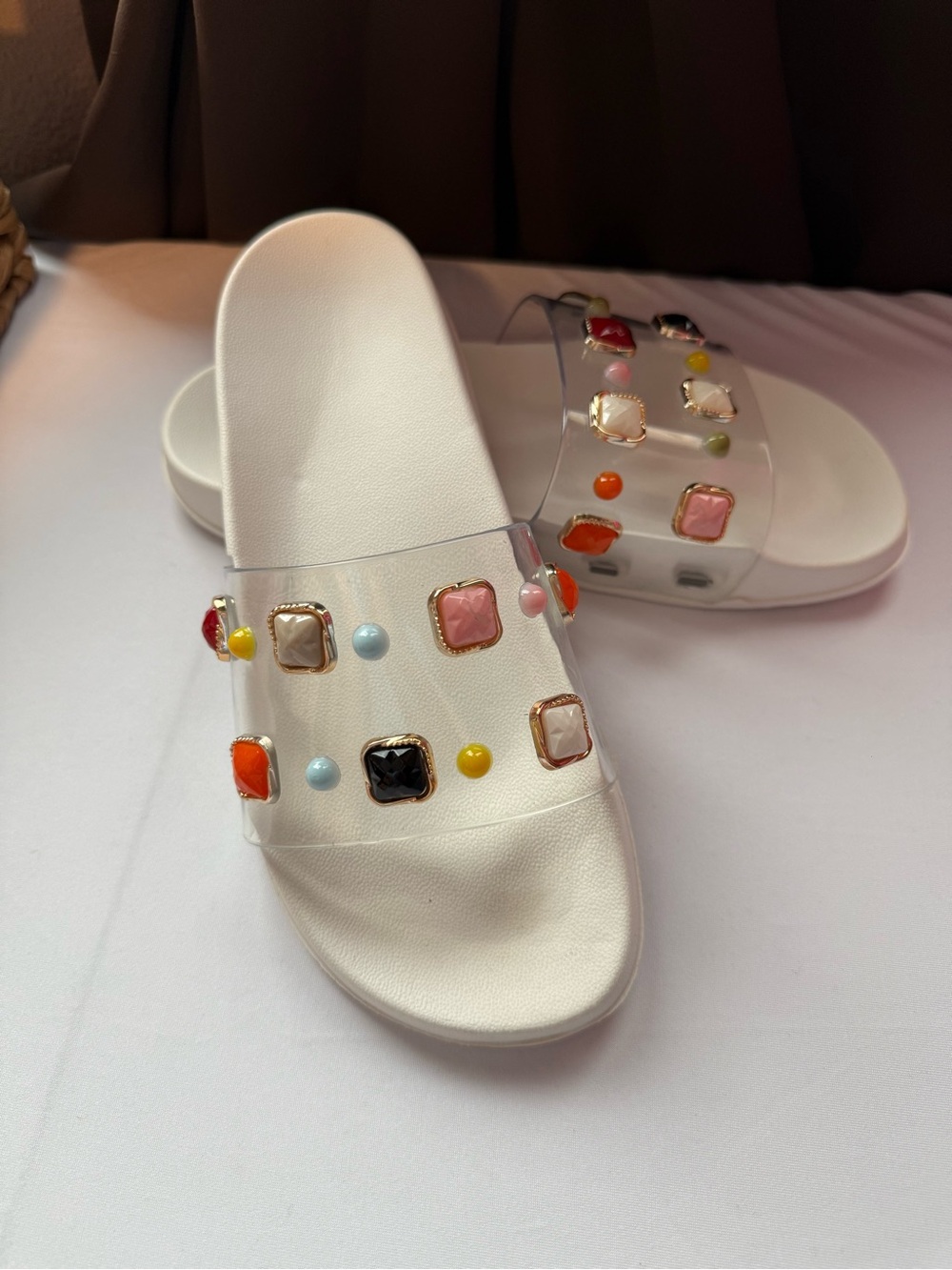 Women's White Slide Sandals with Multicolor Gem Accents